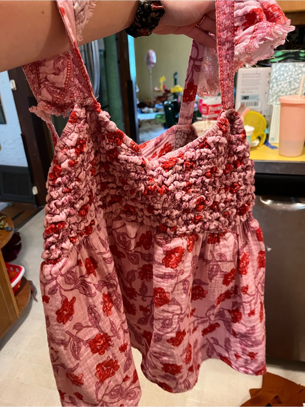 Versona Pink Floral Smocked Top with Red Accents